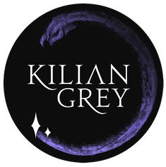 Kilian Grey Logo - a purple dragon on a dark background with two small white diamonds